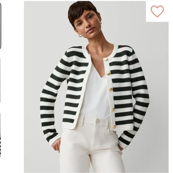 Ann Taylor Green and White Striped sweater jacket - Picture 1 of 4